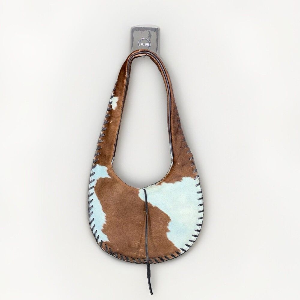 VTG KORBA New York Cowhide Hair-On Hide Hobo Shoulder Bag Brown White Whipstitch